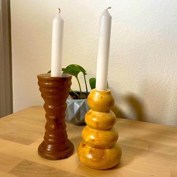 Wooden boho chic mismatched candlestick holders - Picture 2 of 4